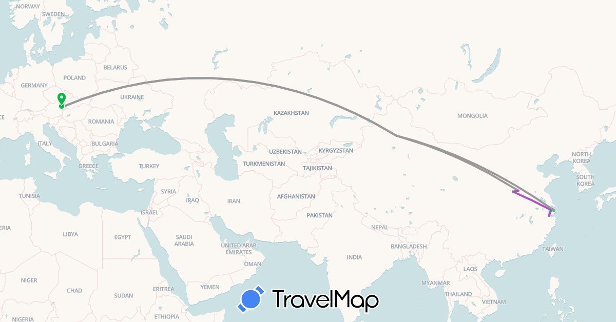 TravelMap itinerary: driving, bus, plane, train in Austria, China (Asia, Europe)