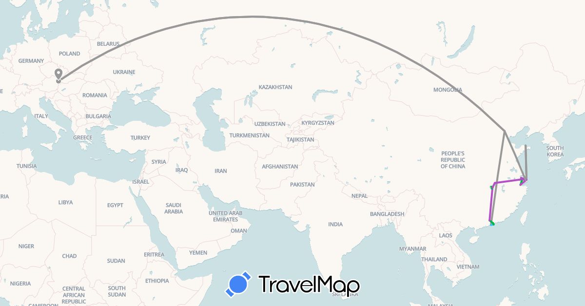 TravelMap itinerary: driving, bus, plane, train, boat in Austria, China, Hong Kong, Macau (Asia, Europe)